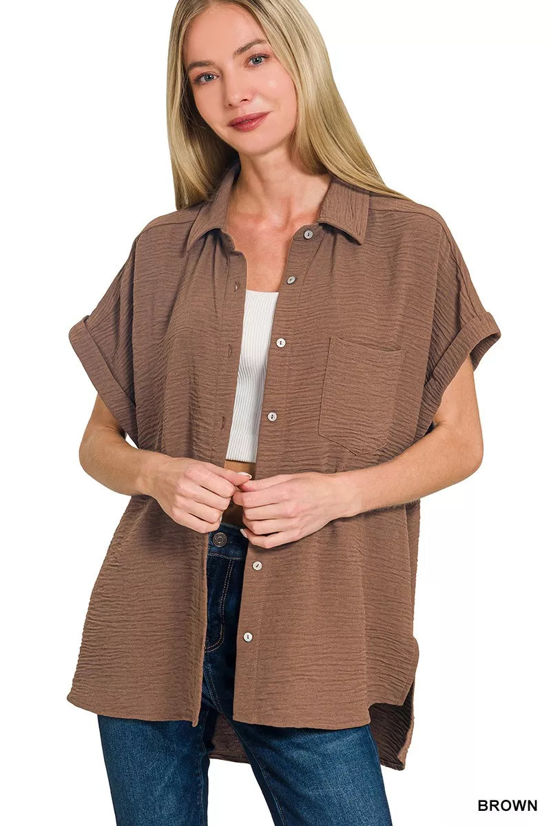 Zenana Woven Airflow Button Down Shirt