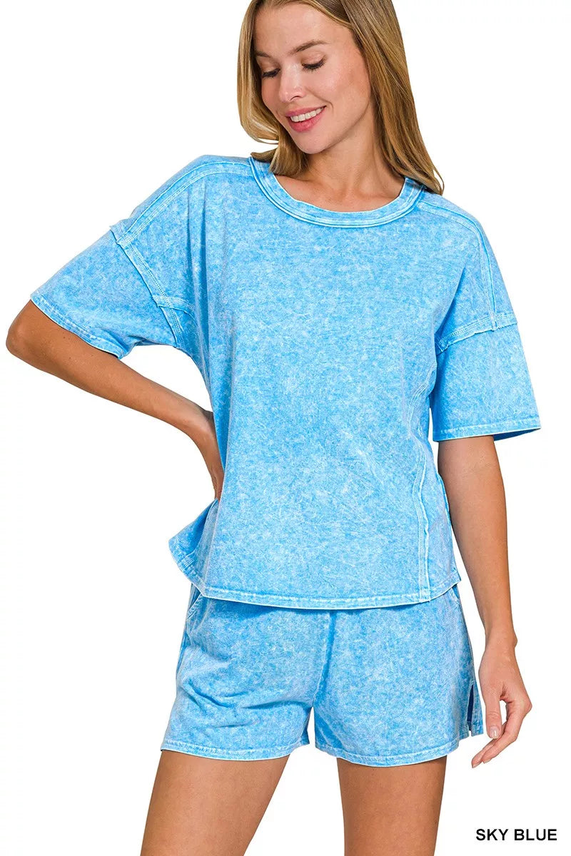 Zenana Halo Snow Washed Short Sleeve Tee and Shorts Set