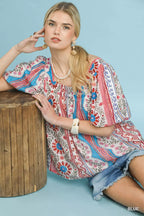 Umgee Patchwork Puff Sleeve Smocked Blouse