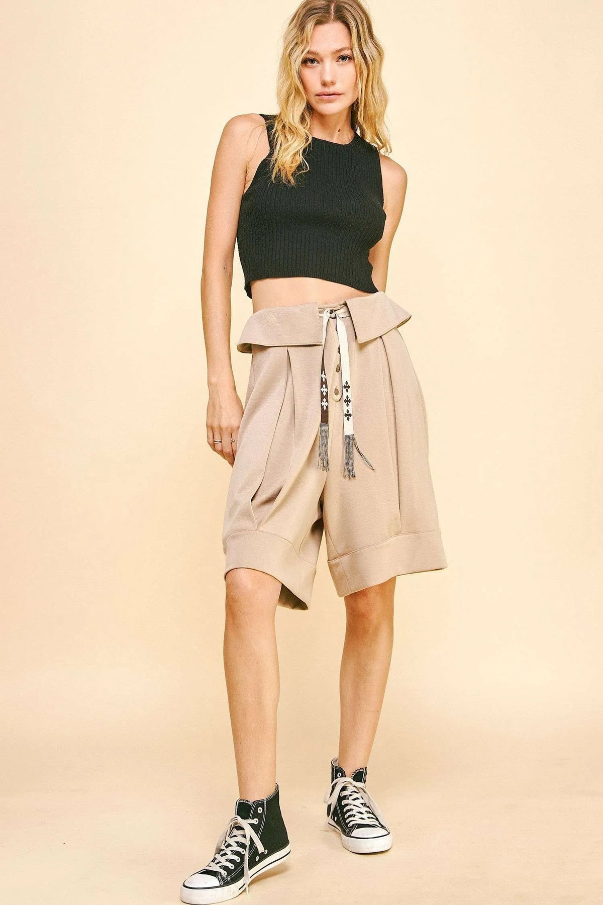 Davi & Dani Fold Over Waist Band Strap Detail Short