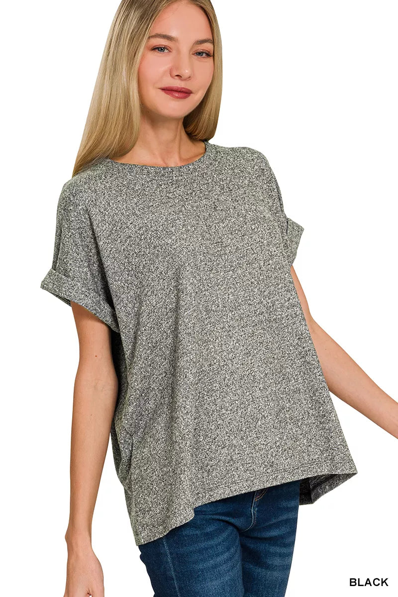 Zenana Soft Melange Hacci Short Sleeve Round Neck Top