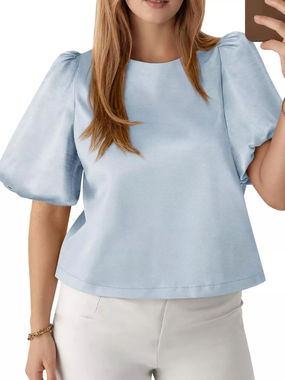 Round Neck Puff Sleeve Satin Top