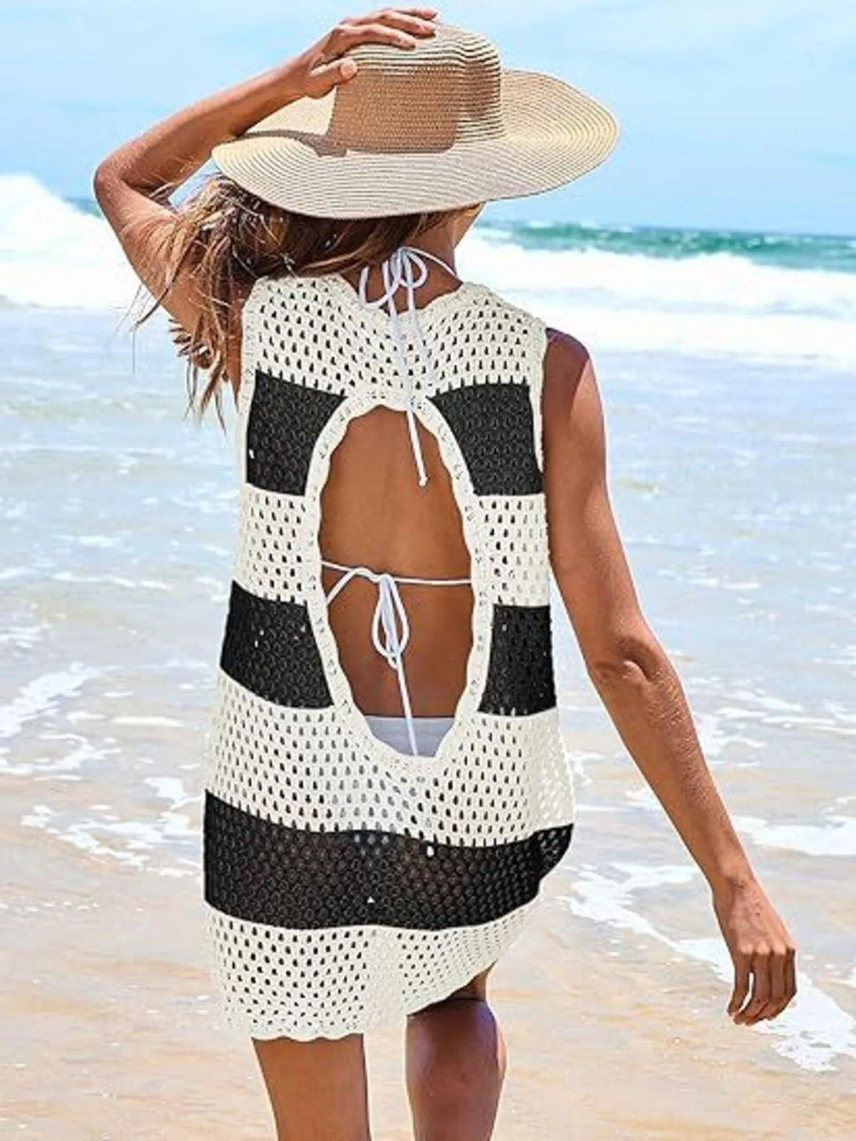 Color Block Openwork Sleeveless Cutout Back Cover-Up