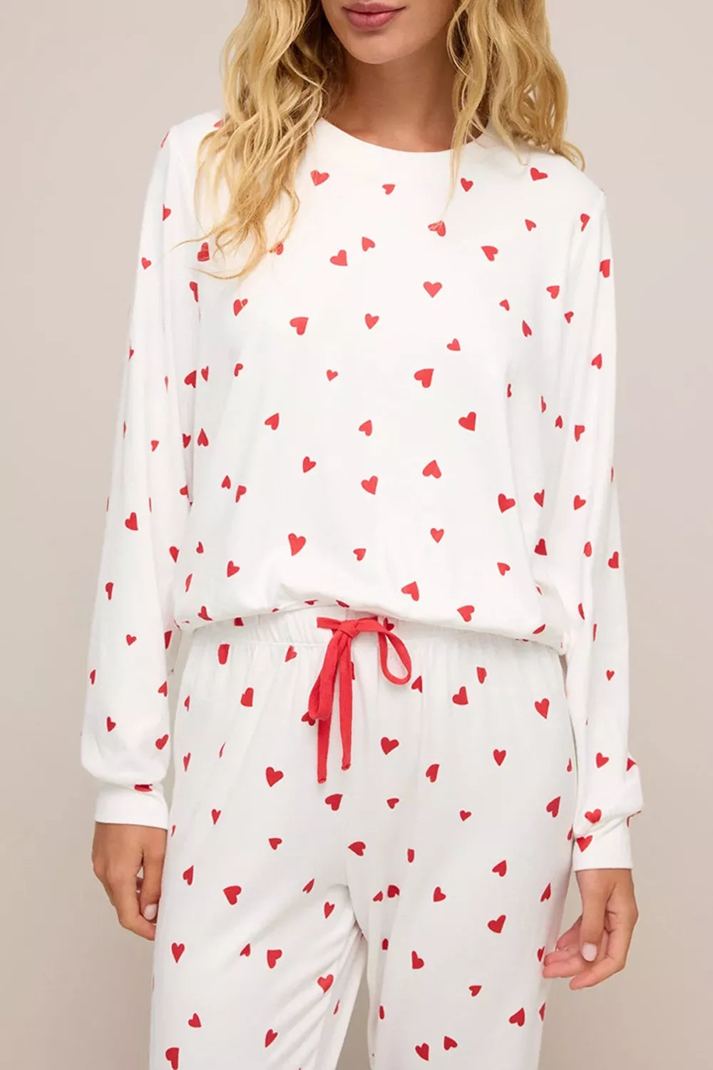 Hearts Printed Long Sleeve Top Drawstring Pants Lounge Set