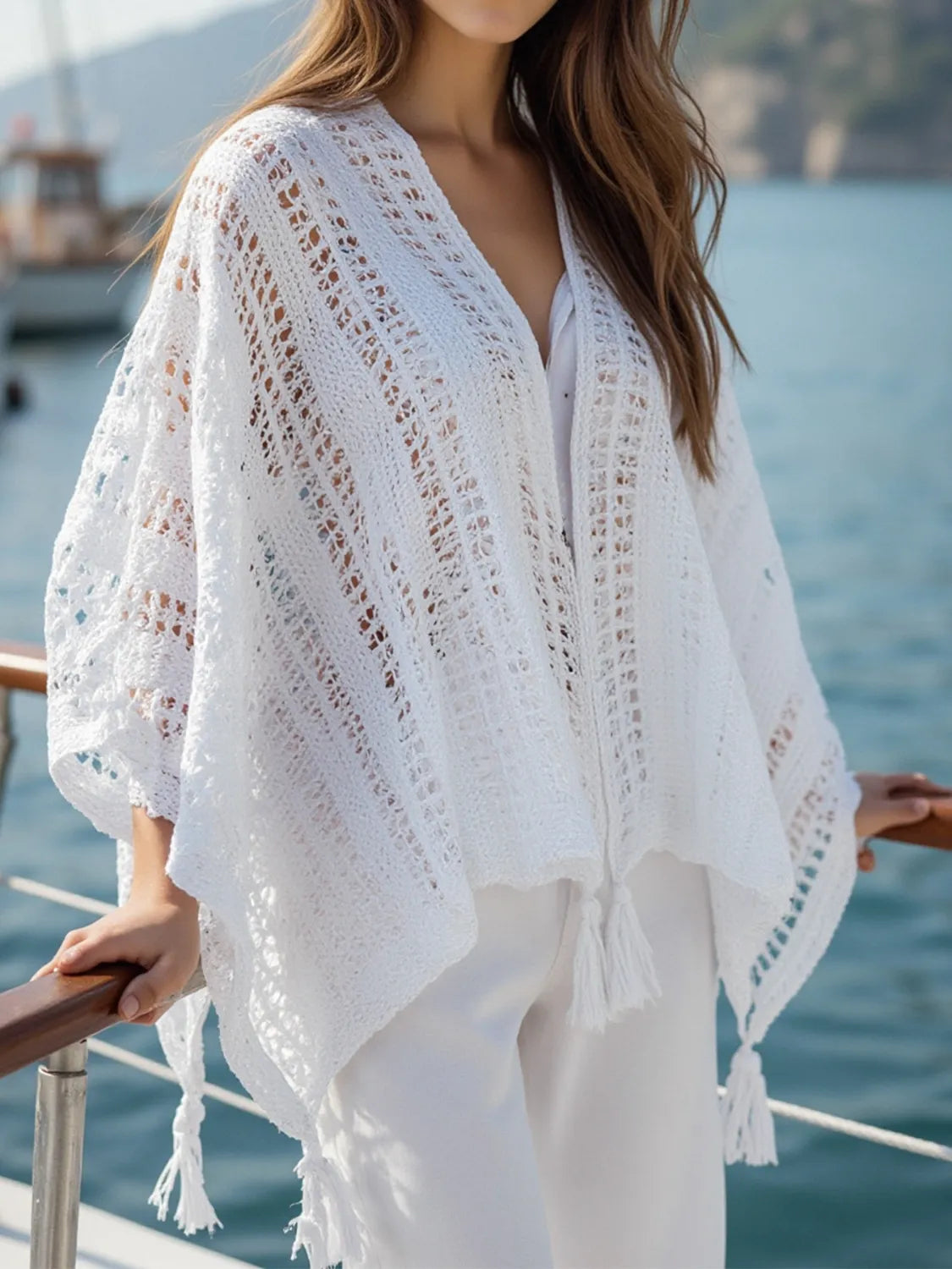 Openwork Tassel Open Front Knit Cover Up