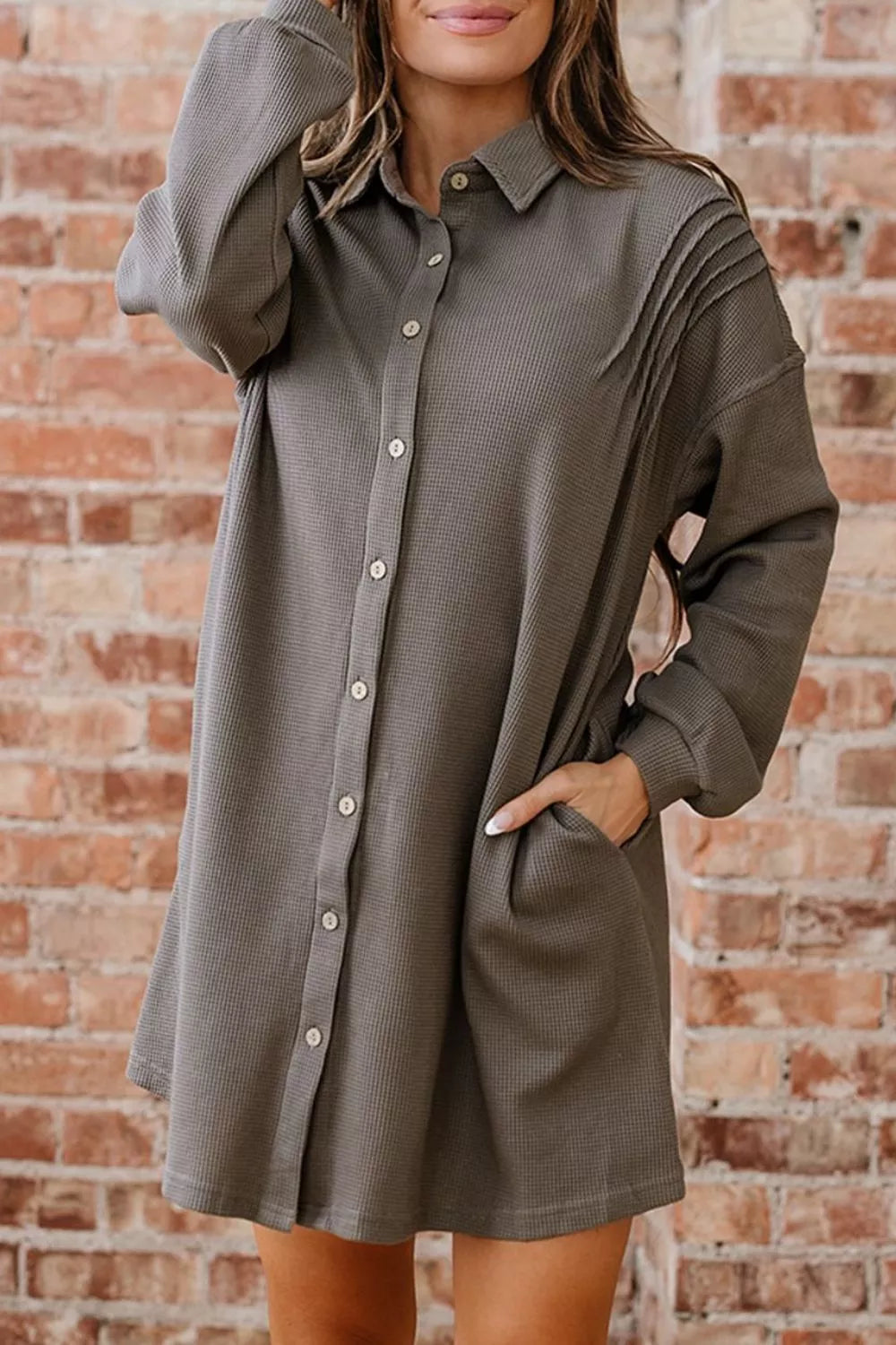 Waffle Knit Shirt Tunic Dress