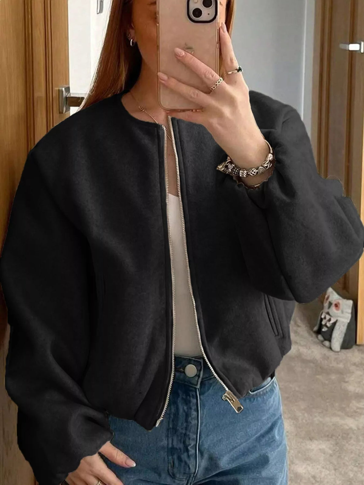 Plus Size Casual Fleece Zip-Up Bomber Jacket