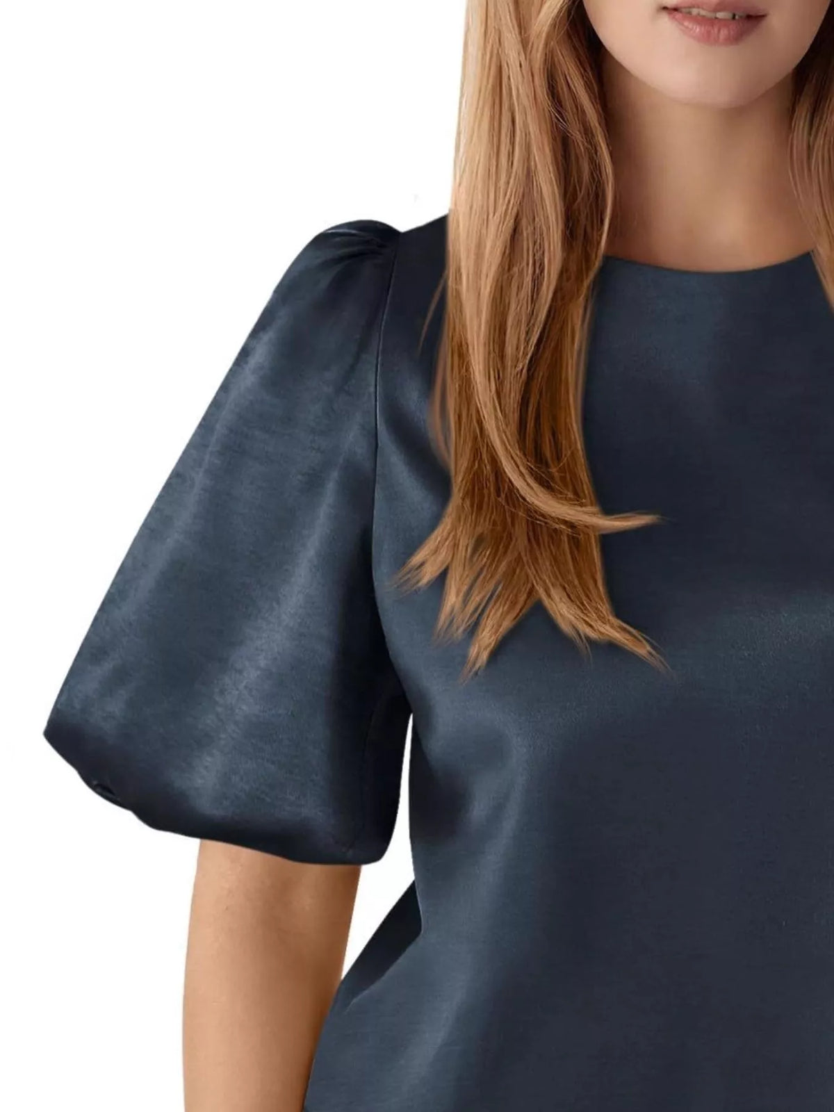 Round Neck Puff Sleeve Satin Top