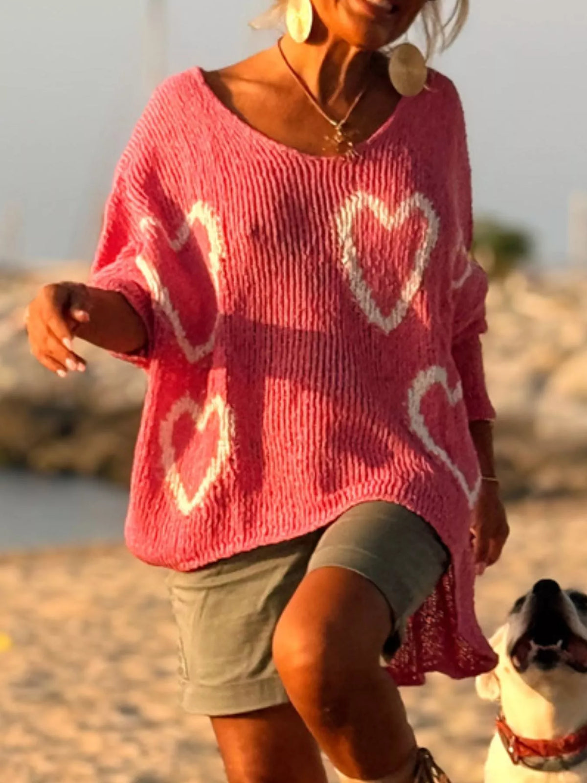Heart V-Neck Dropped Shoulder Sweater
