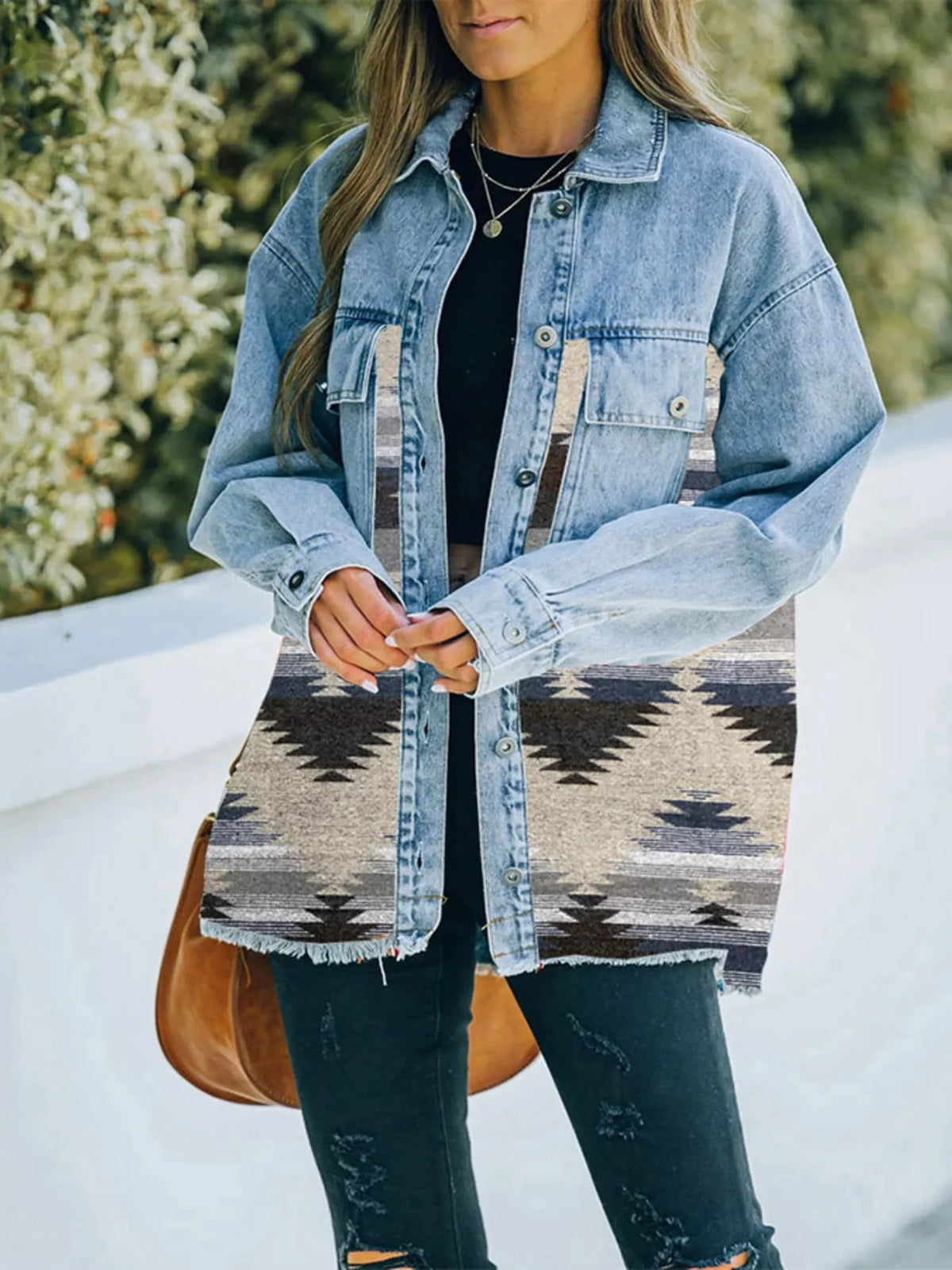 Printed Botton Down Long Sleeve Denim Jacket