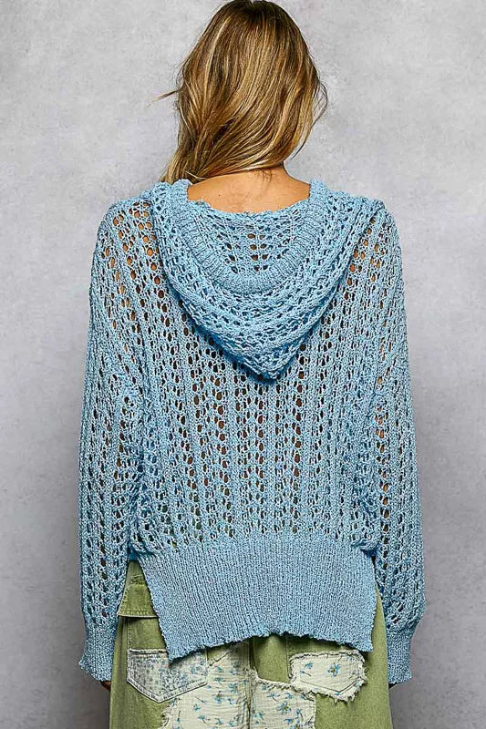 POL Openwork Round Neck High Low Knit Top