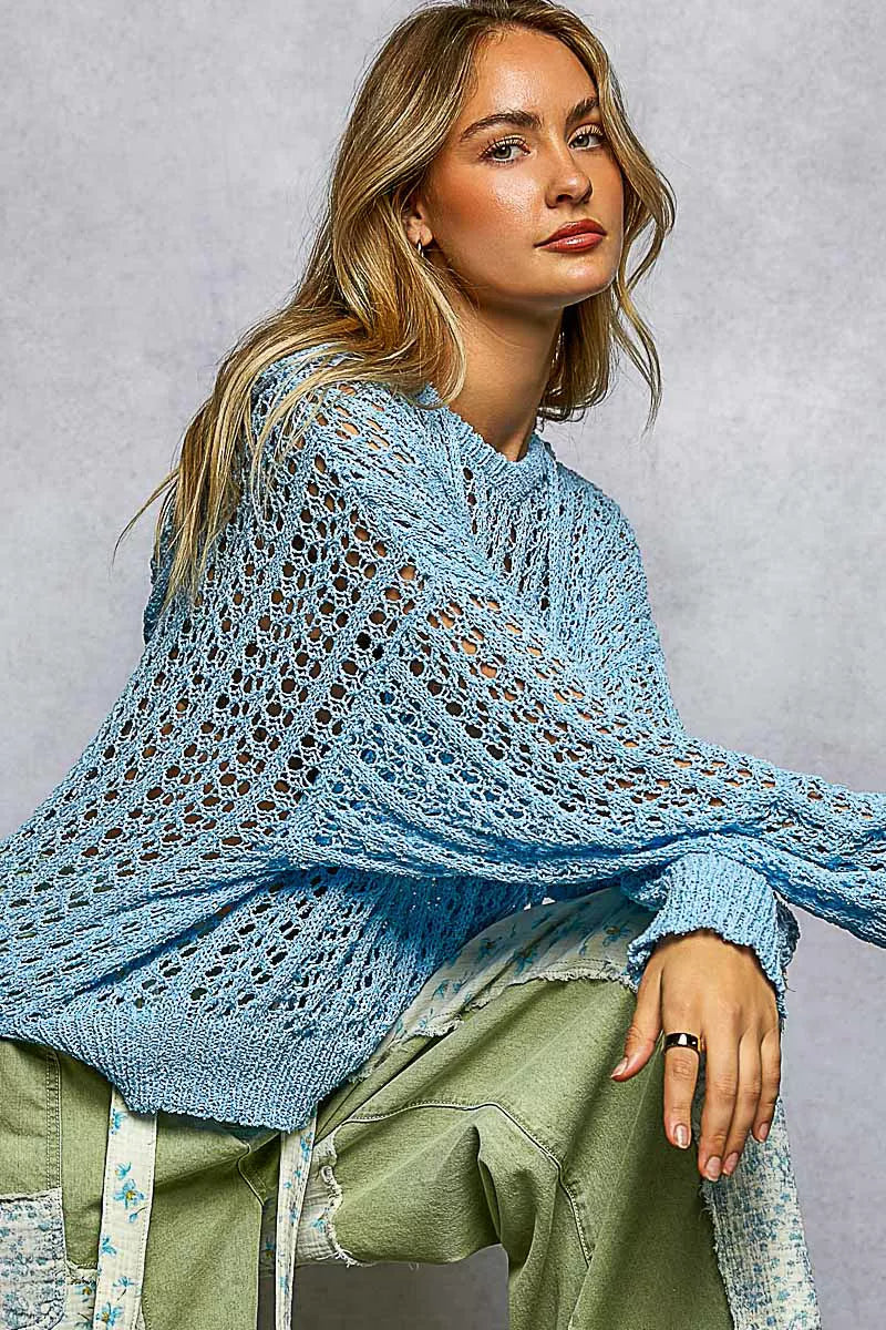 POL Openwork Round Neck High Low Knit Top