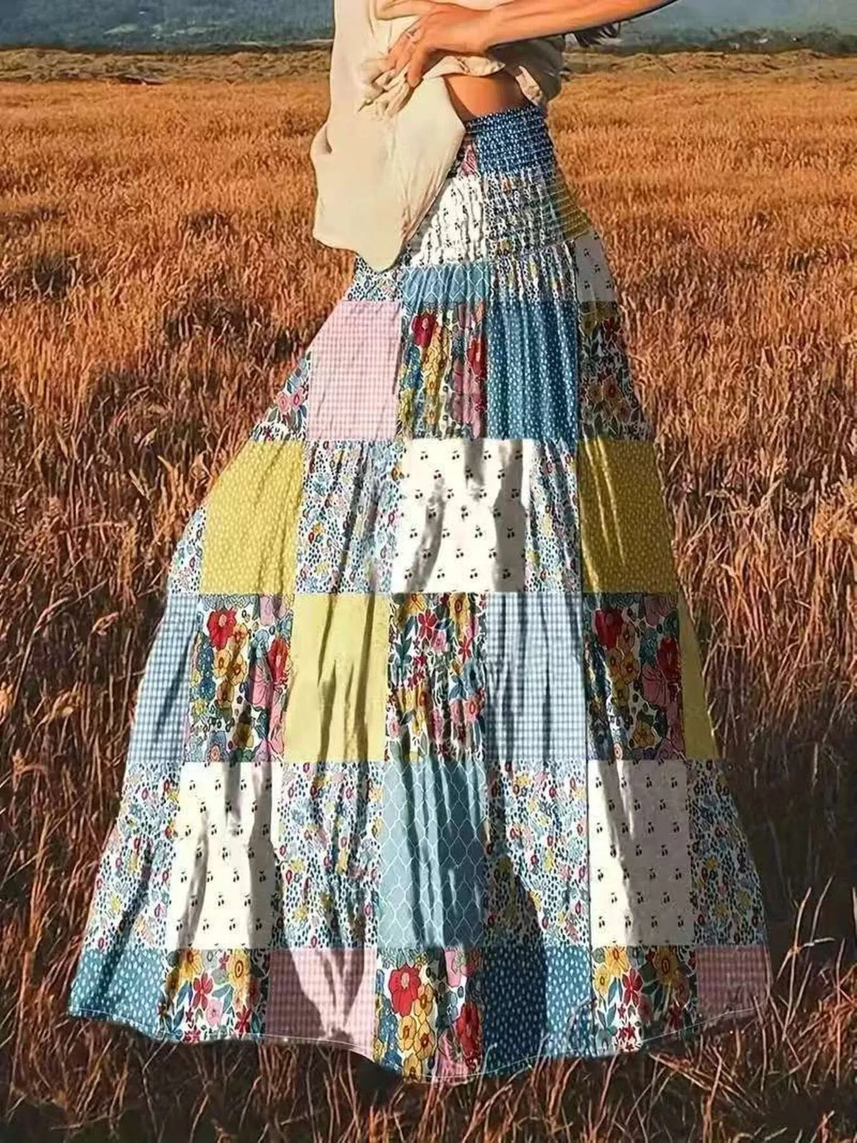 Smocked Waist Printed Maxi Skirt