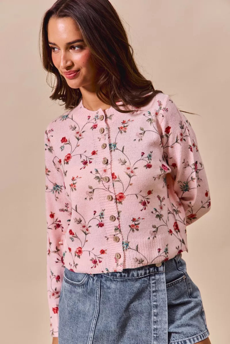 SO ME Floral Print Button Front Sweater Cardigan Top