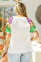 BiBi Sequin Mardi Gras Bottles Spangled Sleeve Top