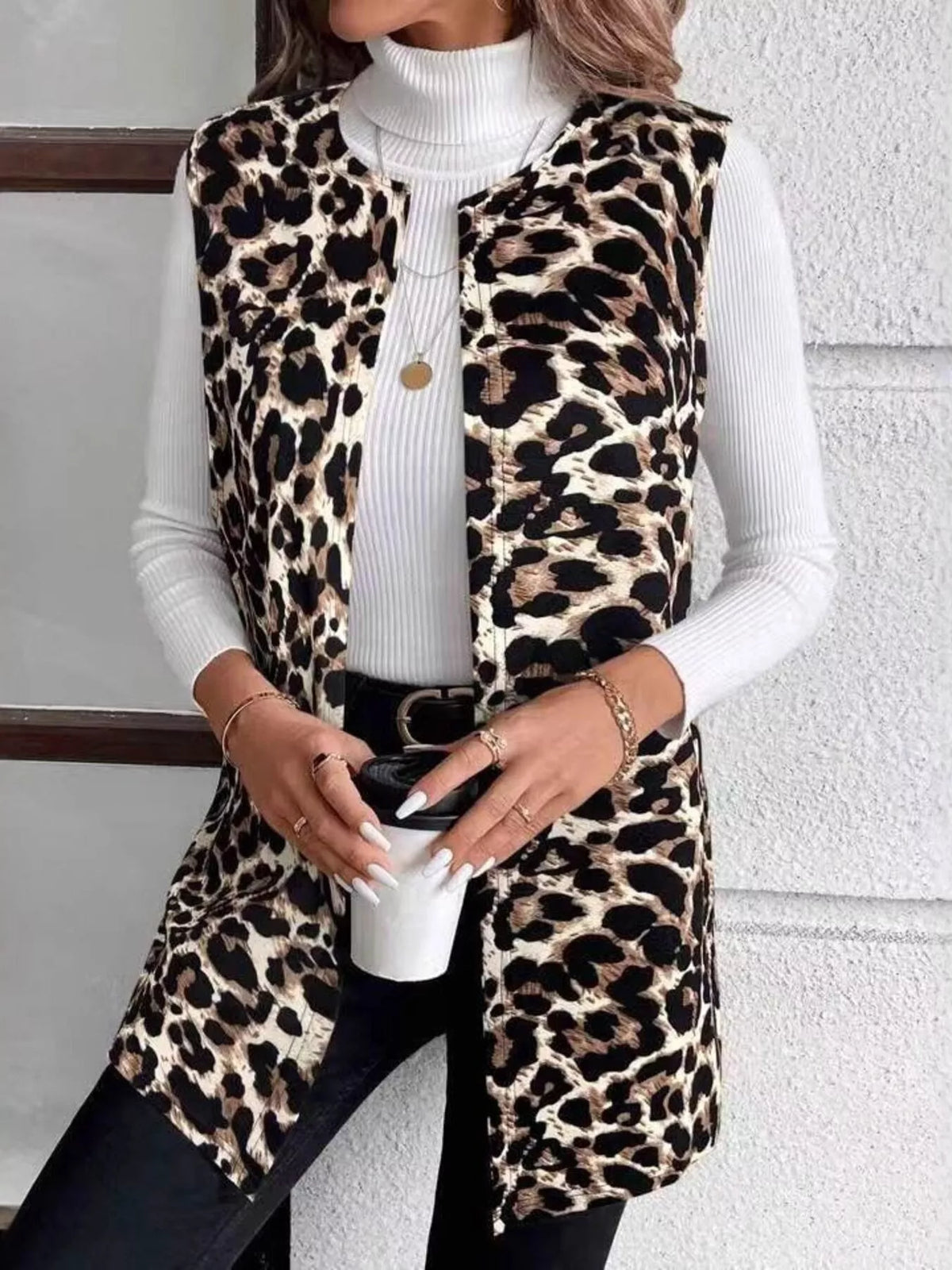 Sleeveless Leopard Print Vest Coat