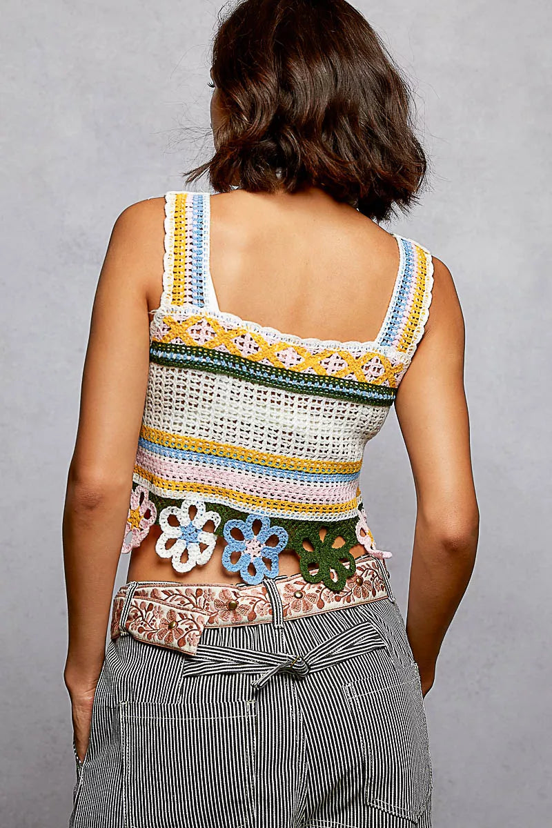 POL Cutout Flower Cropped Crochet Cami with with Dangle Detail