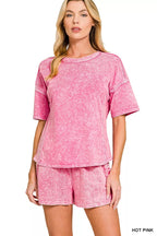 Zenana Halo Snow Washed Short Sleeve Tee and Shorts Set