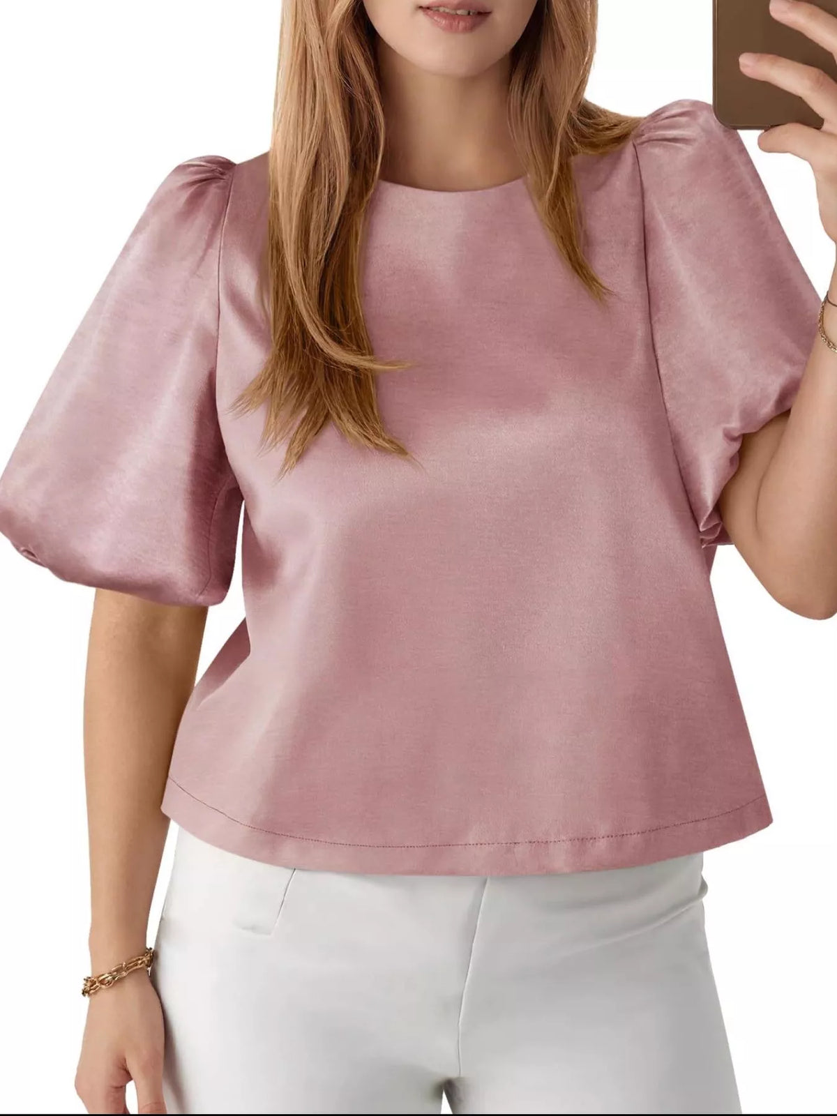Round Neck Puff Sleeve Satin Top