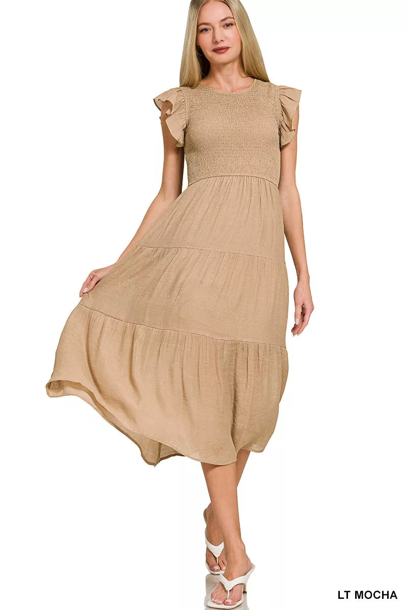 Zenana Woven Smocked Ruffle Sleeve Midi Dress