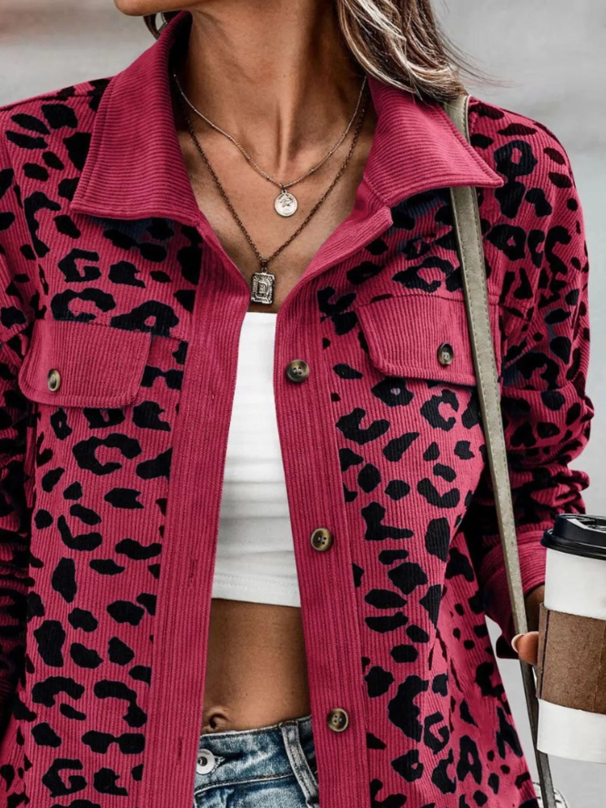 Full Size Leopard Print Button-Down Jacket Plus Size