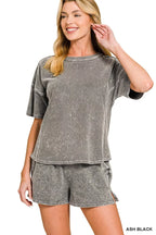 Zenana Halo Snow Washed Short Sleeve Tee and Shorts Set