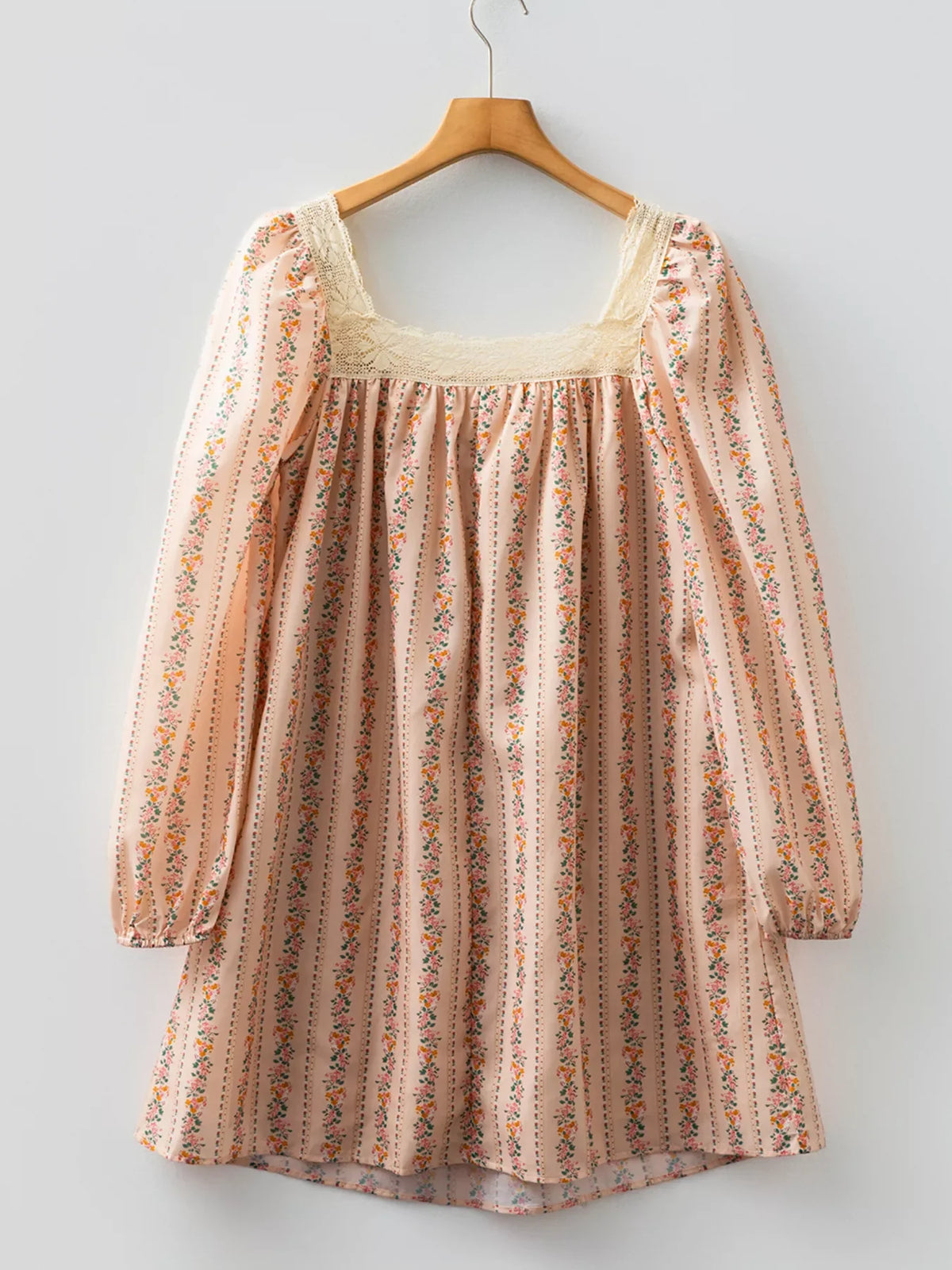 Floral Print Bow Lace Patchwork Long Sleeve Loose Mini Dress
