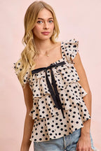 BiBi Polka Dot Ruffled Bow Tied Square Neck Sleeveless Top