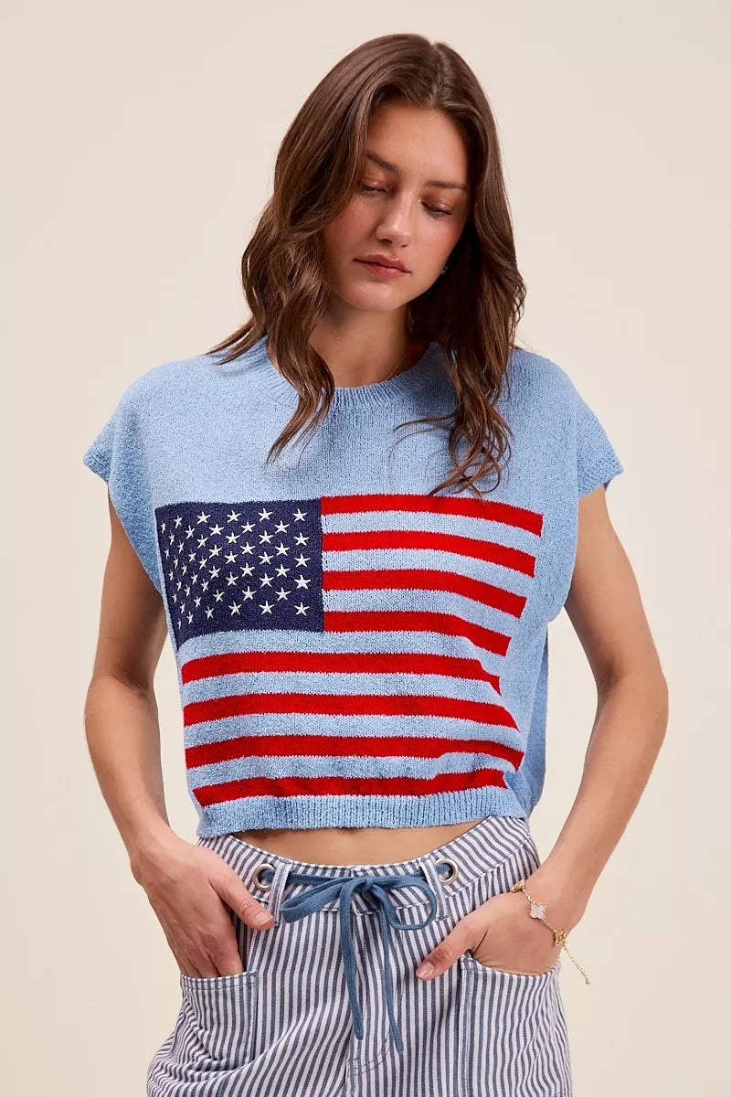 SO ME Fourth Of July American Flag Boxy Fit Sweater Top