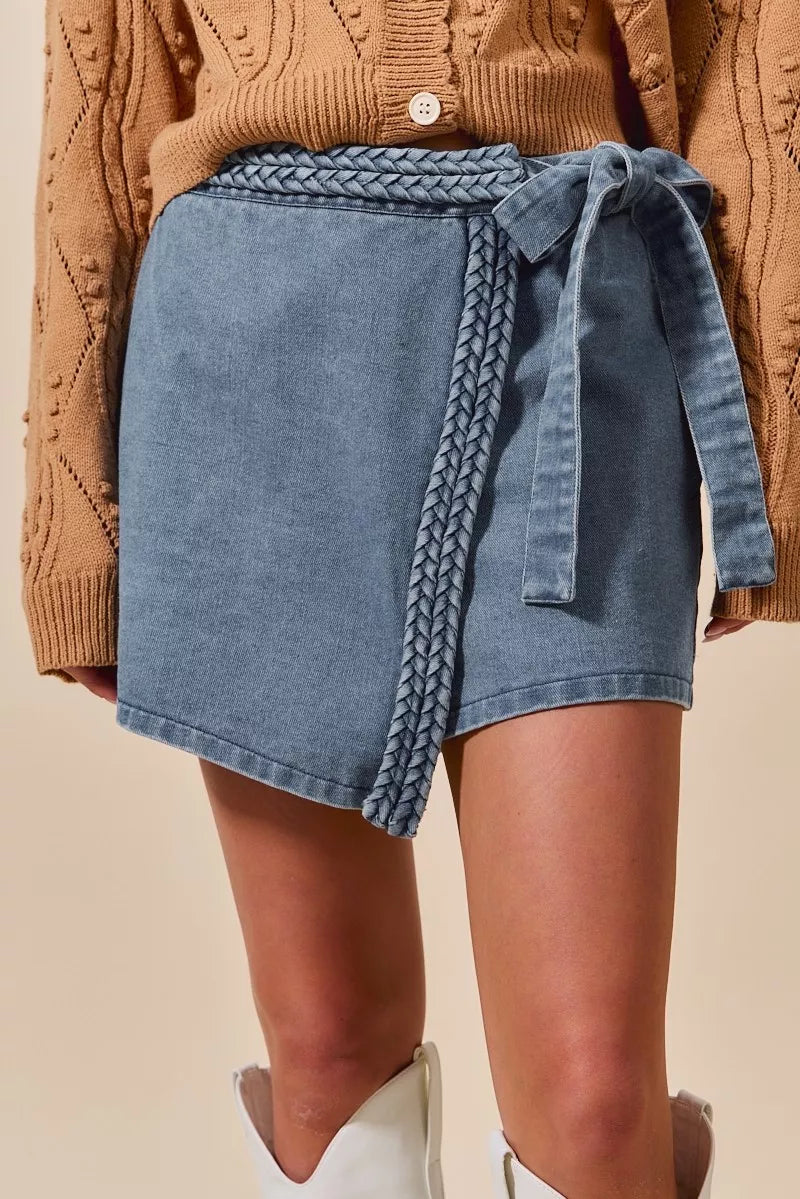 SO ME Wrap Braided Trimmed Denim Skort