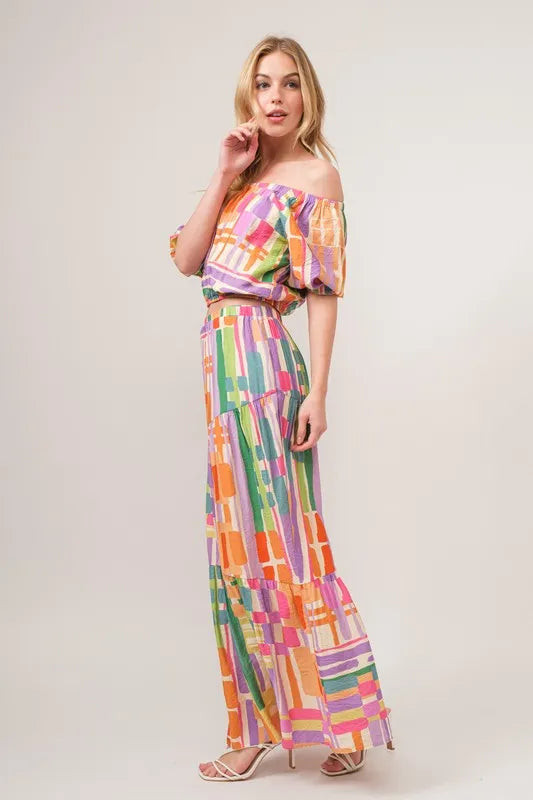 And The Why Asymmetric Geo Printed Tiered Maxi Skirt