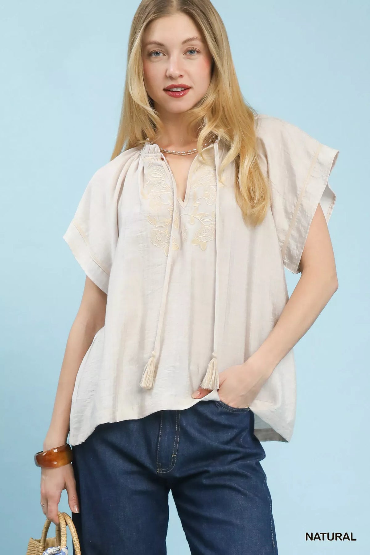 Umgee Embroidered Boho Blouse with Tassel Tie