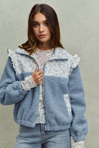 SO ME Faux Fur Sherpa Pull Jacket with Floral Contrast