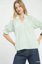 Umgee Textured Ruffle Sleeve V-Neck Top