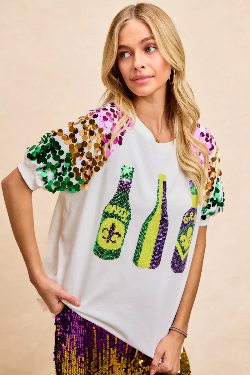 BiBi Sequin Mardi Gras Bottles Spangled Sleeve Top