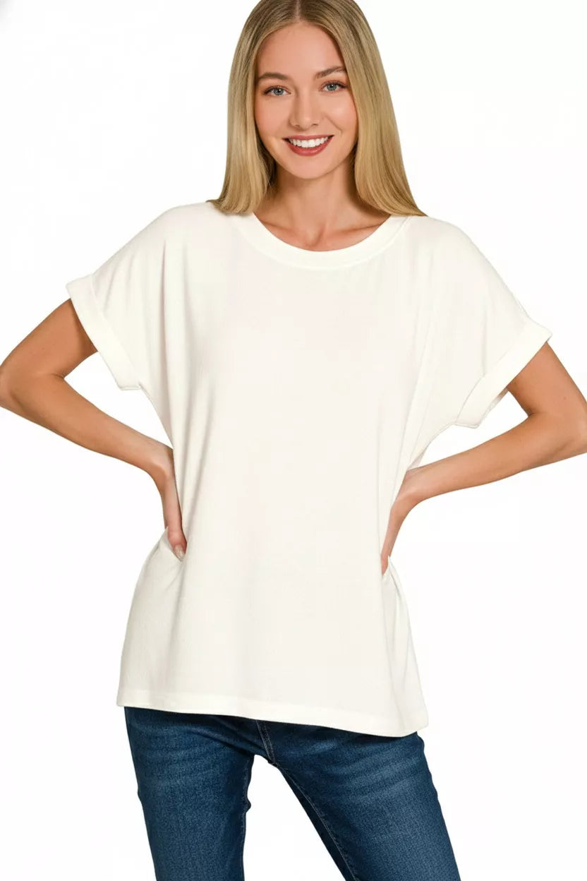 Zenana Soft Melange Hacci Short Sleeve Round Neck Top