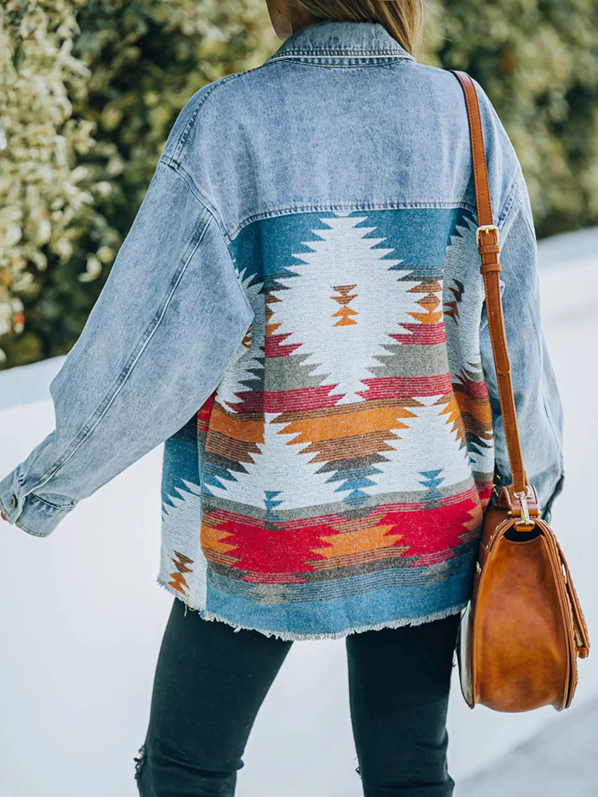 Printed Botton Down Long Sleeve Denim Jacket