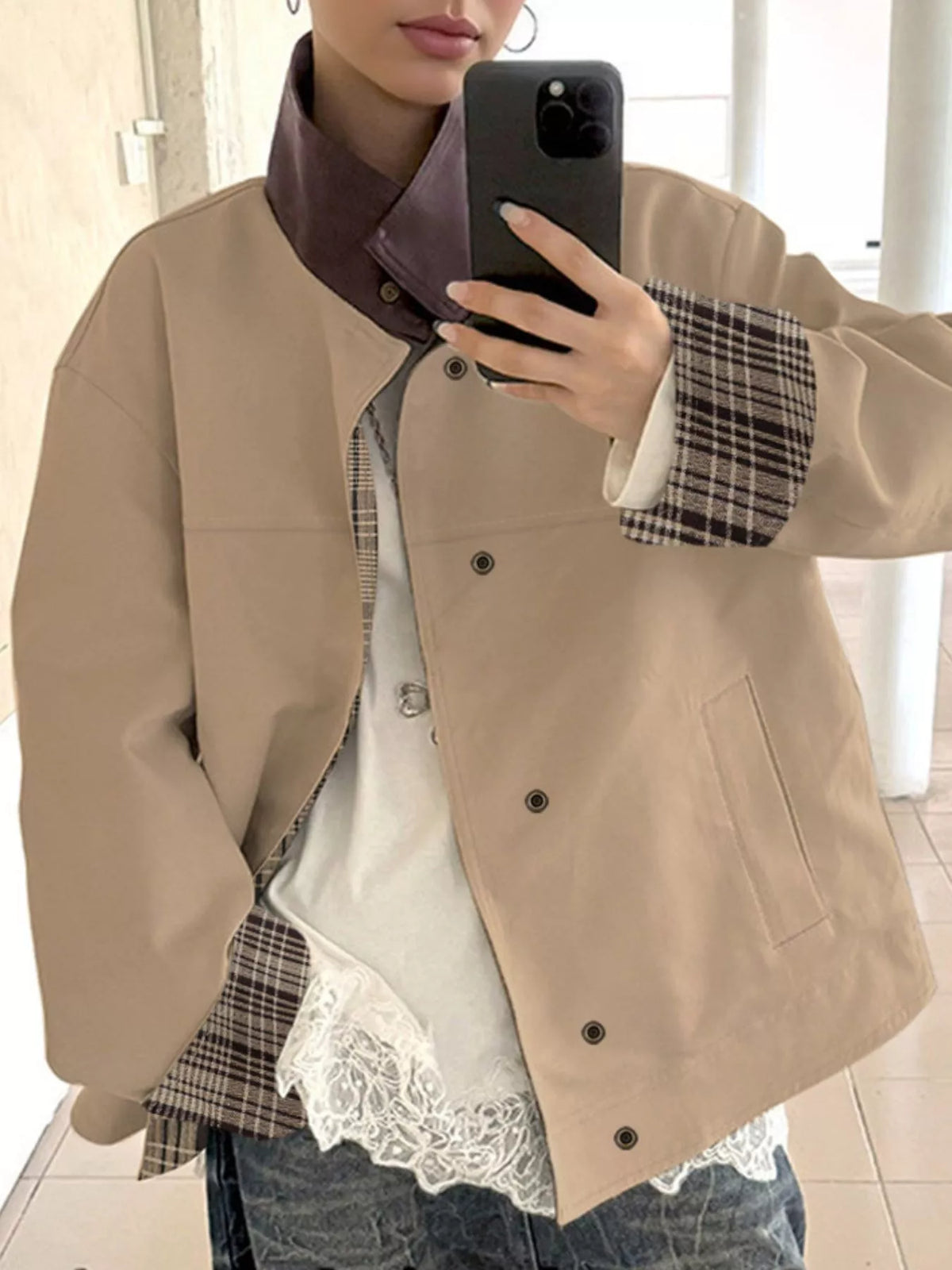 Contrast Plaid Snap Down Jacket