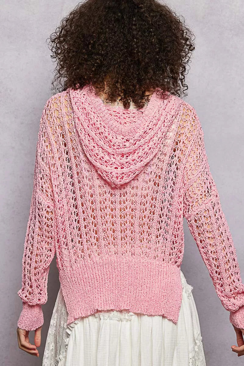 POL Openwork Round Neck High Low Knit Top