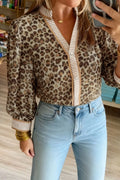 Contrast Striped Trim V Neck Leopard Shirt
