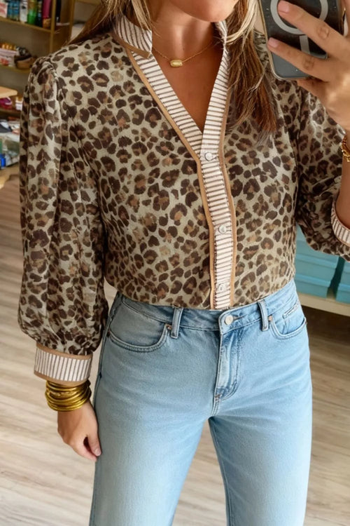 Contrast Striped Trim V Neck Leopard Shirt