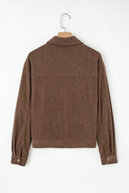 Solid Corduroy Lapel Collar Zip-Up Buttoned Jacket